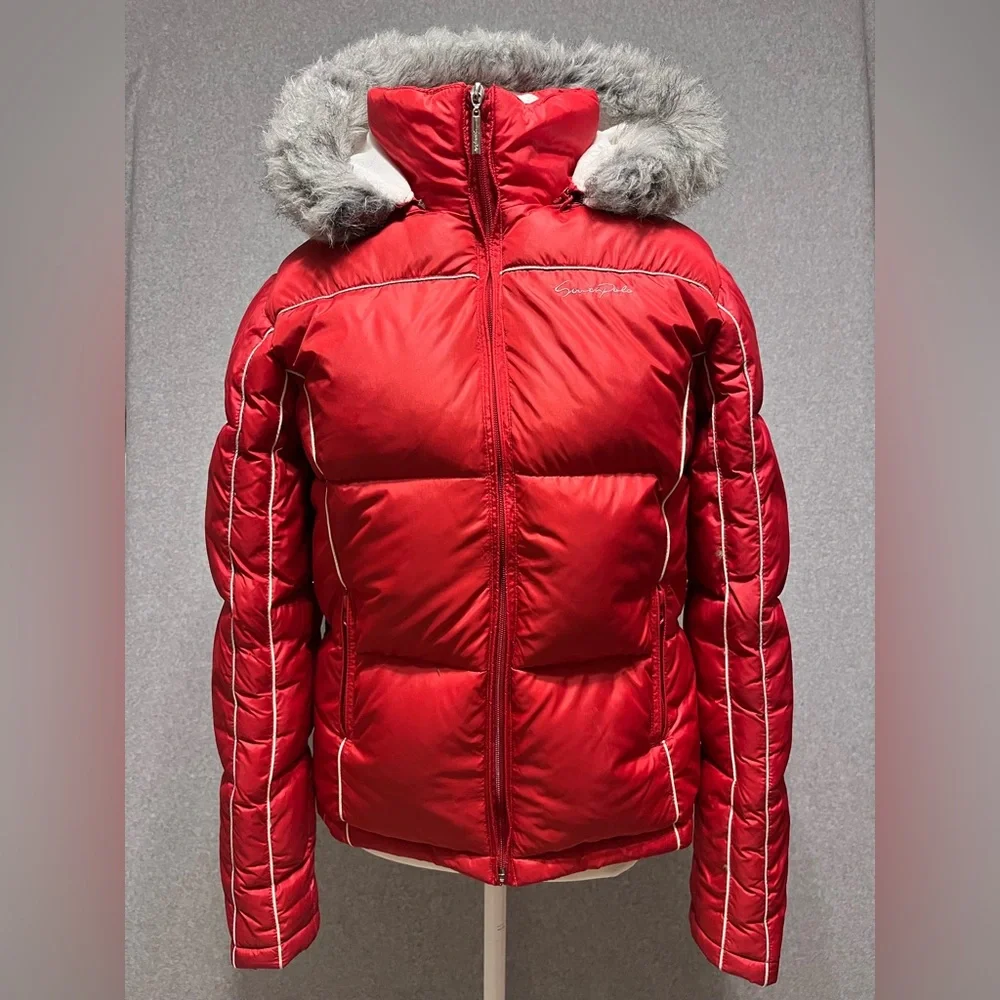 Red Down Fleece Jacket Coat Southpole Hooded Ski Teen Small Women XS VTG Y2K
